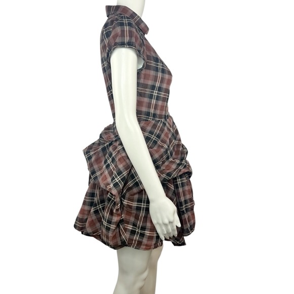 BDG Max Plaid Mini Dress Ruffled Skirt Button Front Short Sleeve Burgundy Size S - Picture 3 of 9